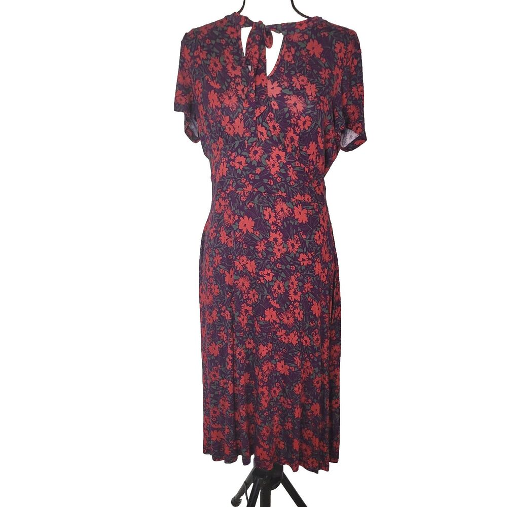 Modcloth Large dress sheath keyhole tie flower stretch red purple v-neck